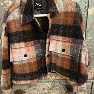 Zara Women's Checkered Teddy Jacket - Brown, Black, Pink